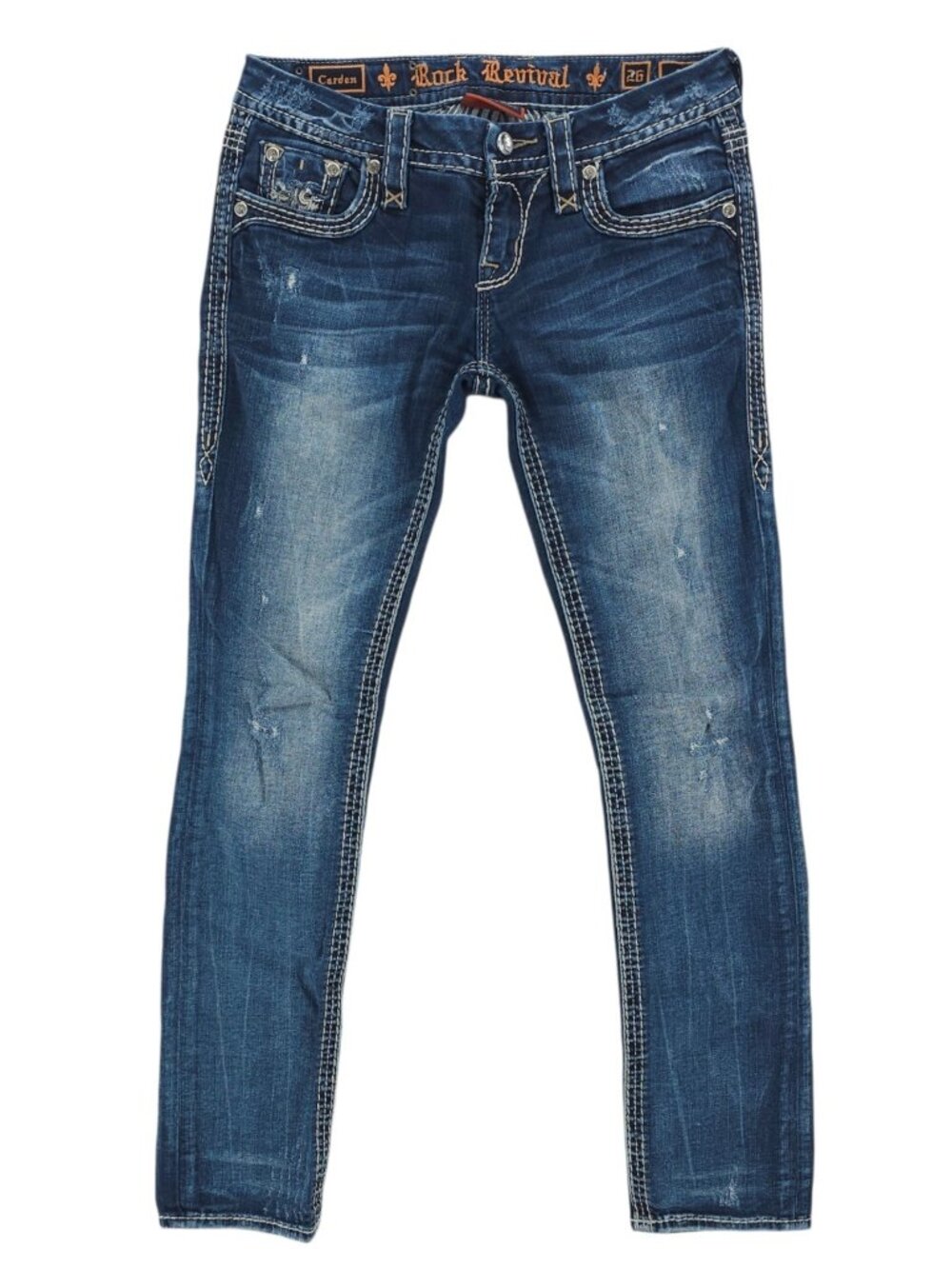 ROCK REVIVAL Carden Straight Blue Jeans Distressed Embellished Size 26